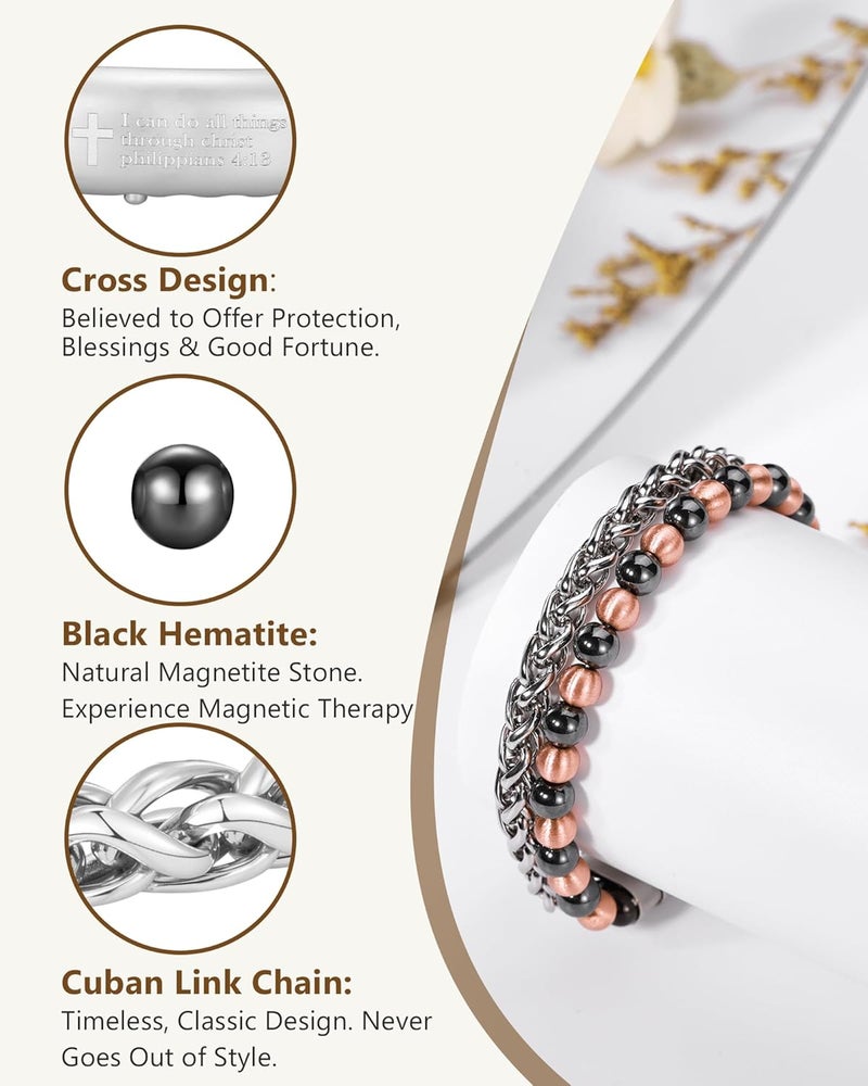 Feraco Pure Copper Magnetic Bead Bracelet for Men Women, 8mm 99.99% Solid Copper & 3500 Gauss Magnetic Hematite Beads, Unisex Stretch Wristband, Gift-Ready Jewelry - Image 4